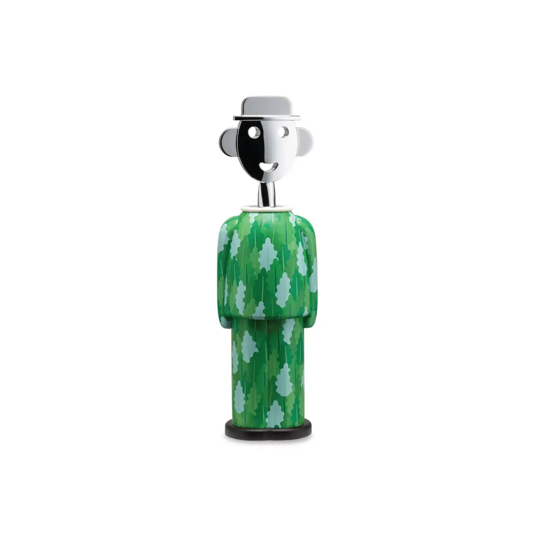 Cavatappi a forma di omino con abito verde pattern foglie e testa cromata