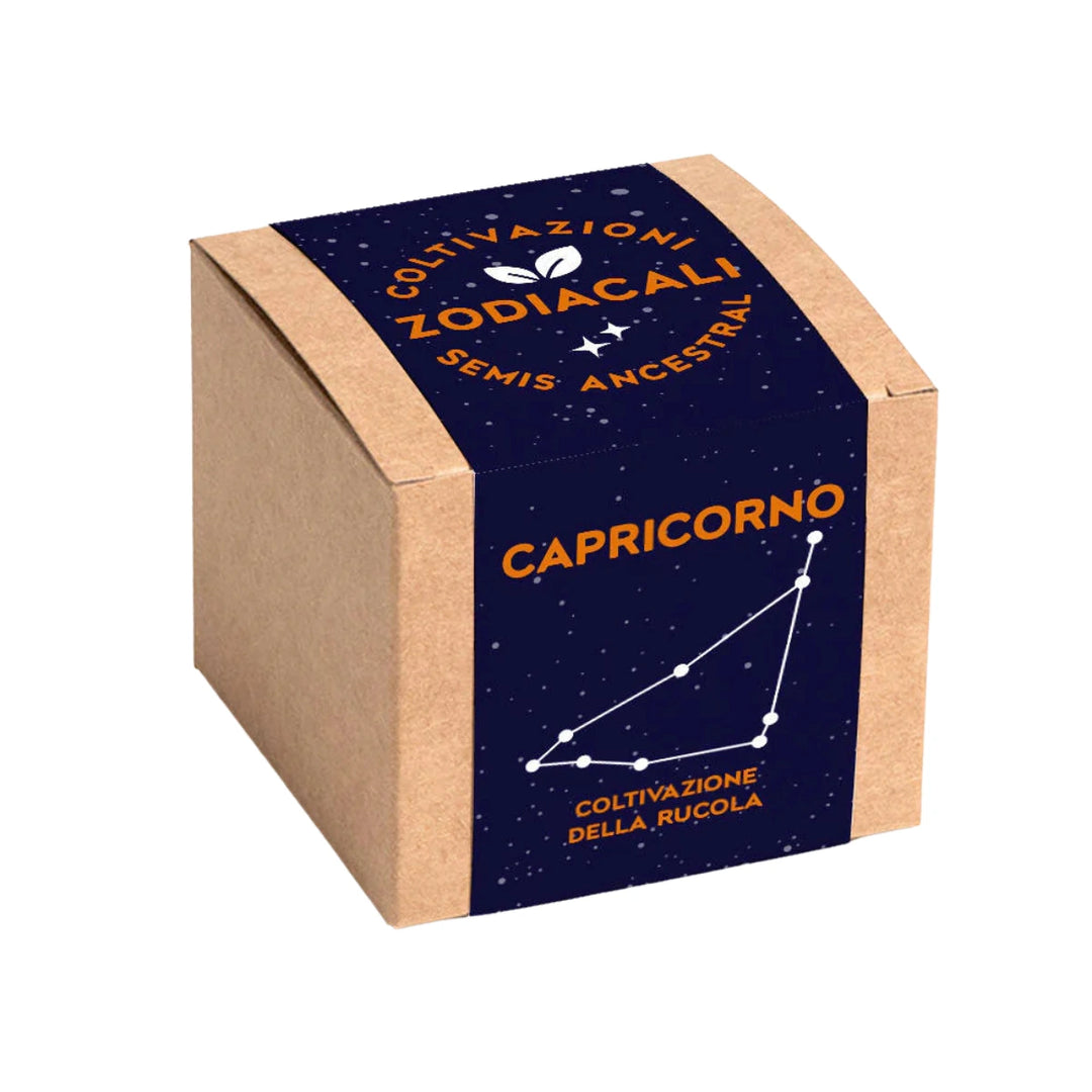 Confezione Kit autocoltivazione con disegno costellazione zodiacale del capricorno. Sfondo bianco