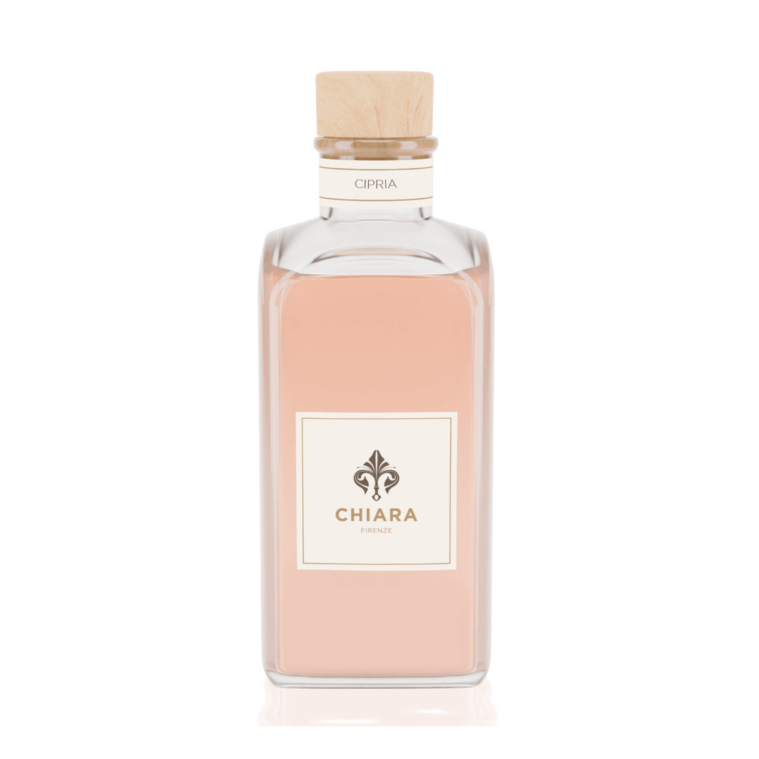 Profumatore ambiente con contenitore in vetro, liquido rosa, scritta Cipria. Sfondo bianco