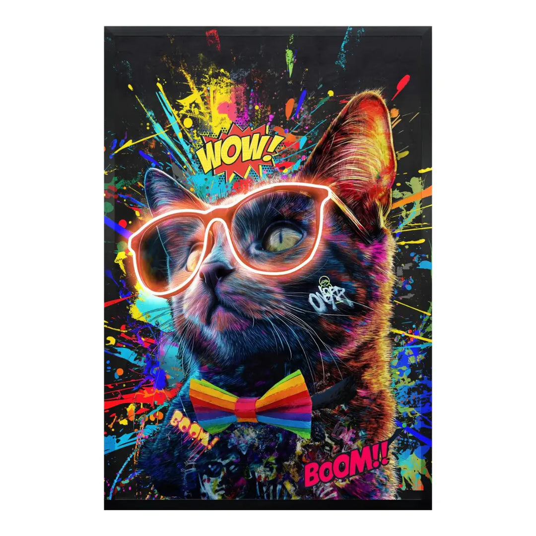 Quadro pop multicolore con un gatto con gli occhiali illuminati con una striscia di Led e la scritta wow e boom!