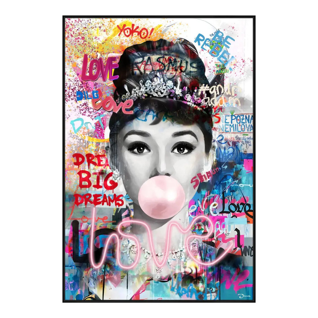 Quadro con Audrey pop con varie scritte e la scritta love illuminata a Led