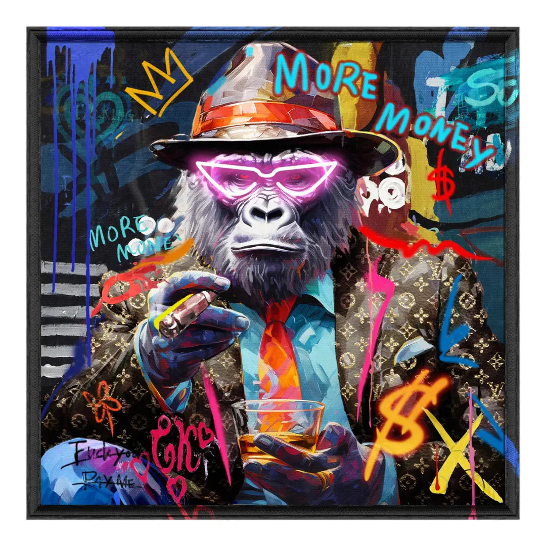 Quadro con scimmia che beve il whiskey, fuma il sigaro e ha gli occhiali illuminati a Led, stile pop