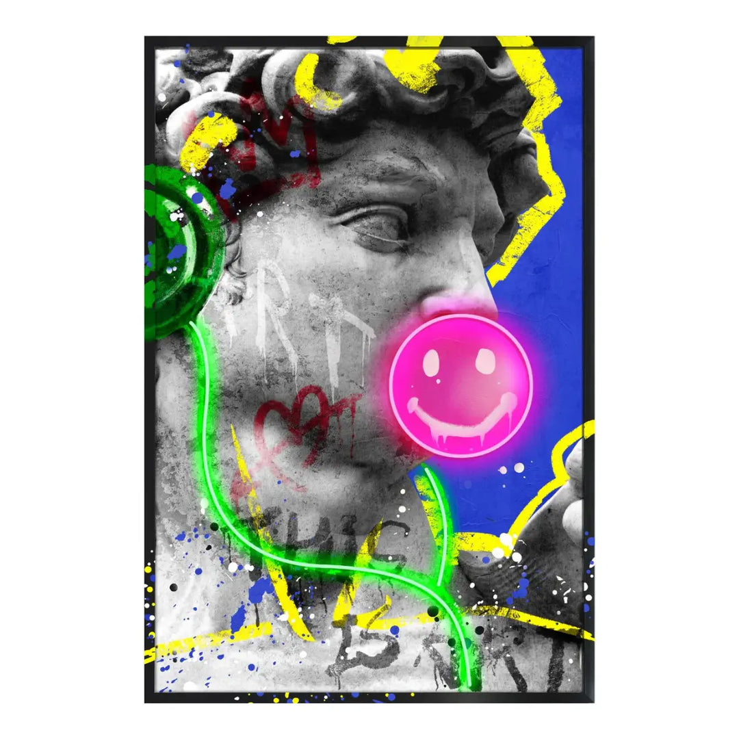 Quadro con il volto della statua del David con uno stile fucsia e cuffie verdi con Led integrato