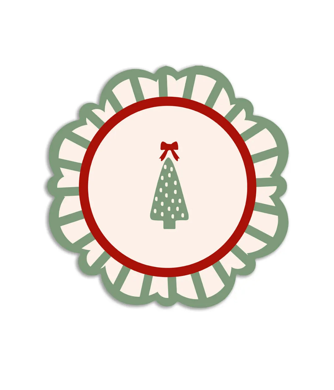 Una tovaglietta con pino e fiocco rosso sulla punta. Decorazione bordo verde e  bianco. Sfondo bianco