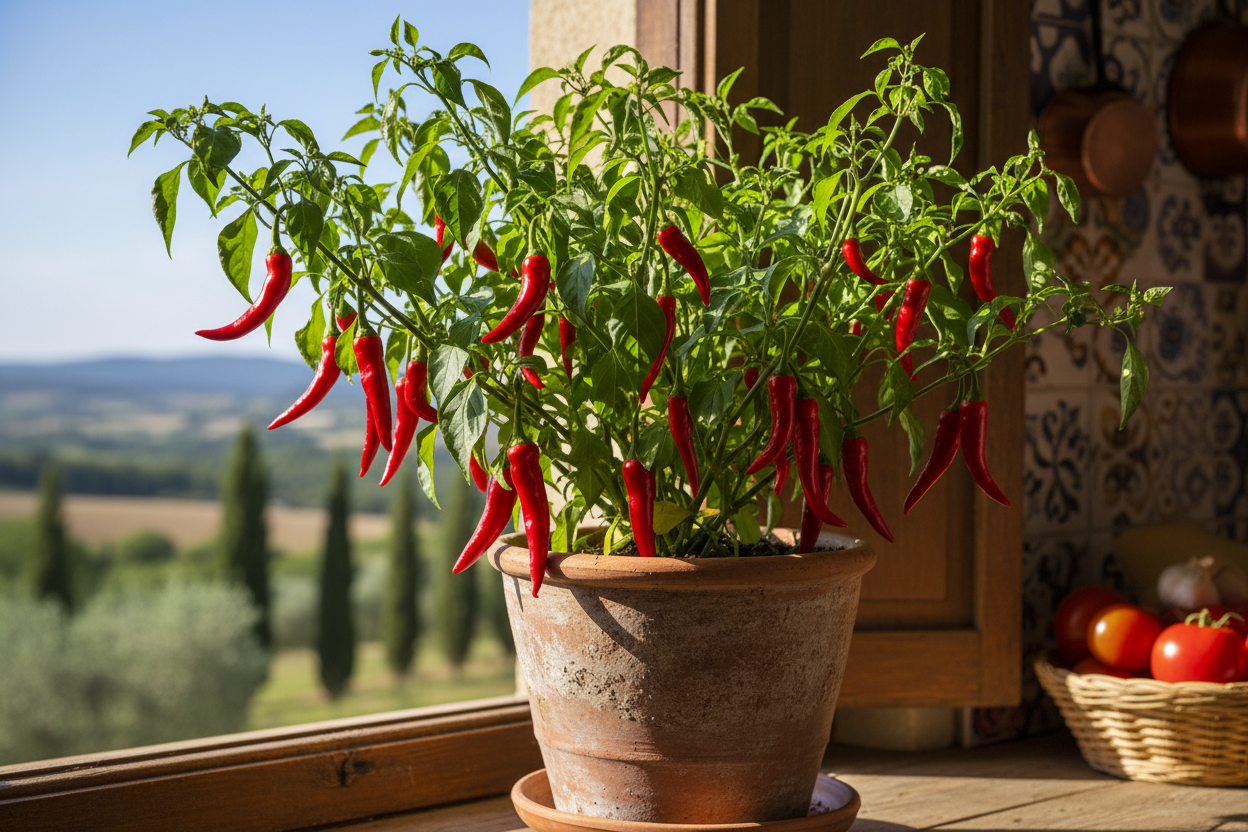 fai un immagine ambientata con la pianta del peperoncino