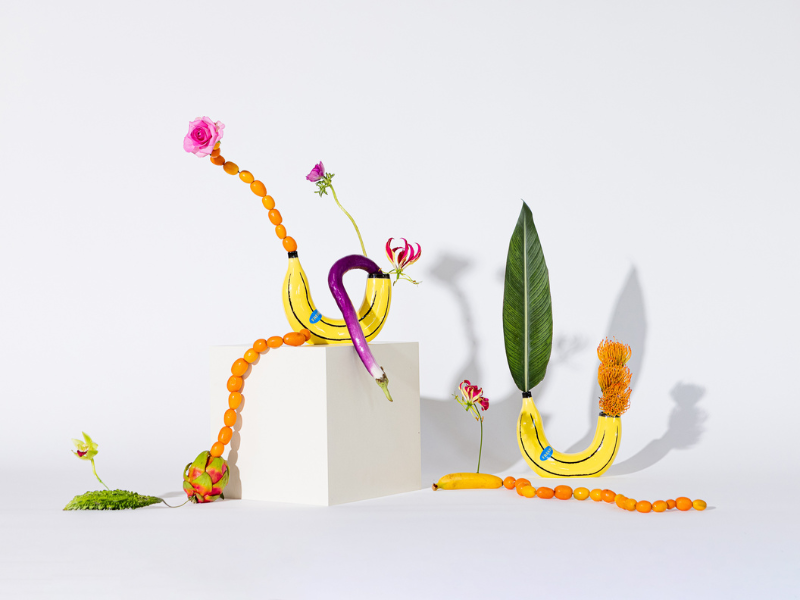 Vasi a forma di banane con piante vere e sfondo bianco 