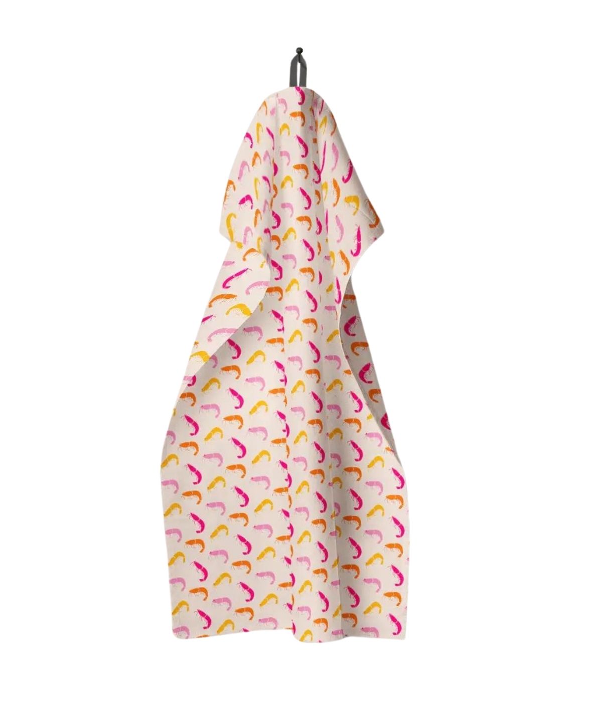 Un vivace Strofinaccio da Cucina - Summer Vibes realizzato in cotone di alta qualità, con uno sfondo rosa e un motivo di banane gialle e peperoncini rossi, appeso a un gancio su uno sfondo bianco di Coast and Valley.