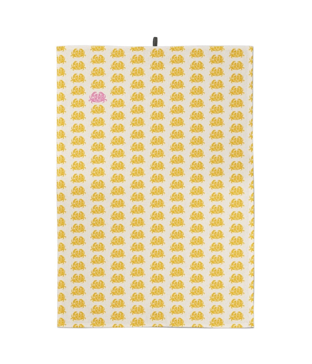 Strofinaccio da Cucina giallo - Summer Vibes caratterizzato da un motivo ripetuto di paperelle di gomma dorate, con una singola paperella di gomma rosa vicino alla parte superiore centrale, realizzata in cotone di alta qualità di Coast and Valley.