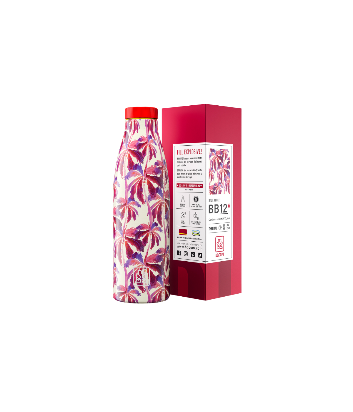 Primo piano della borraccia BBoom Wild, evidenziando il design Palme e il tappo rosso iconico e confezione