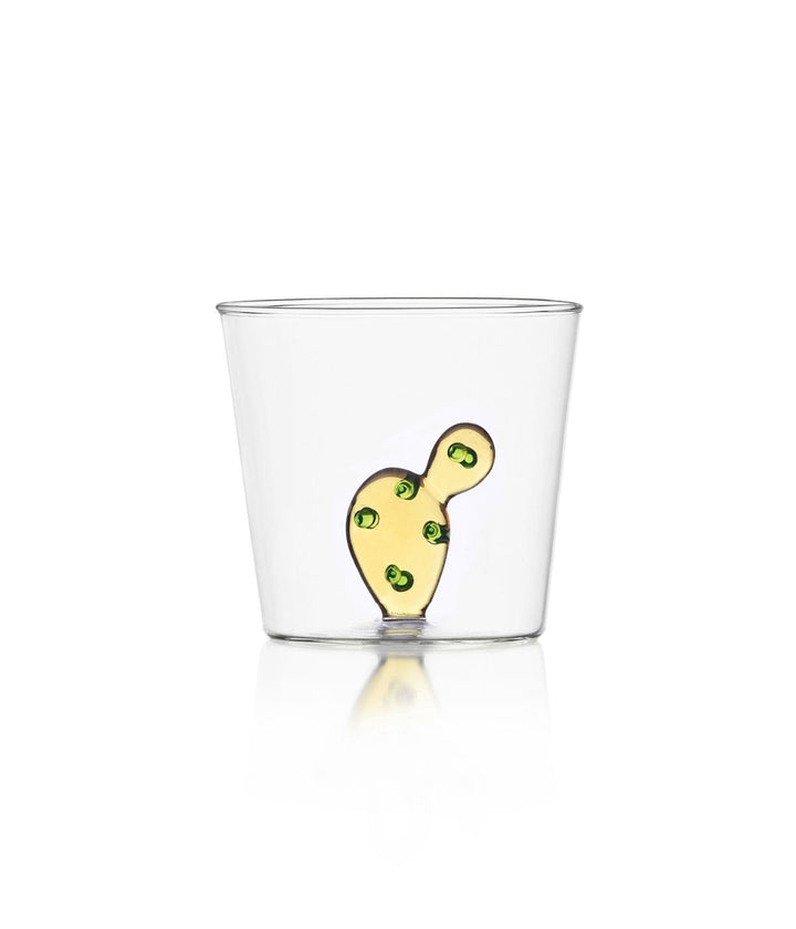 Bicchiere Desert Plants Cactus di Ichendorf con motivo di cactus giallo, realizzato in vetro borosilicato.