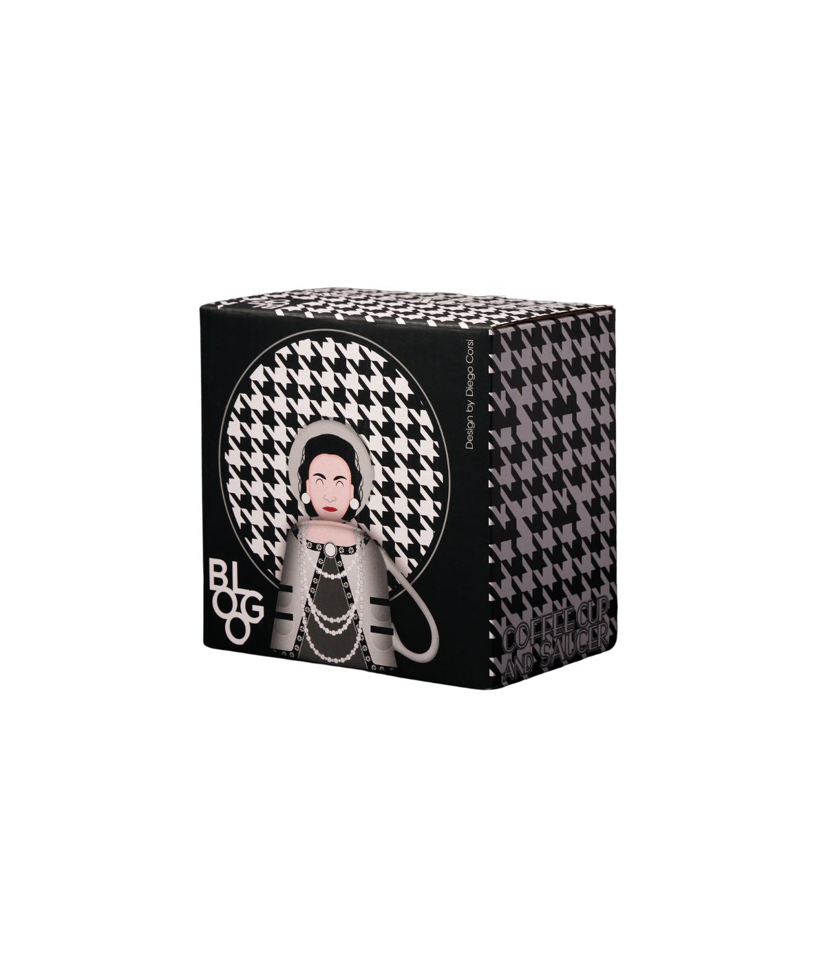 Una scatola della Tazza con Piattino Icon, decorata con illustrazioni di Coco Chanel su sfondo bianco e nero con motivo pied de poule.