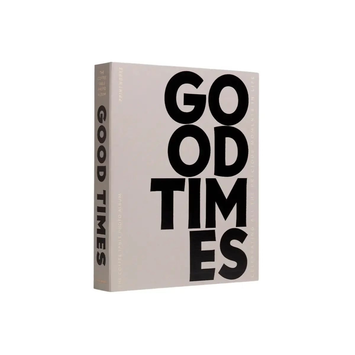 Album fotografico Good Times con copertina in tessuto grigia e scritta nera con dettagli oro.