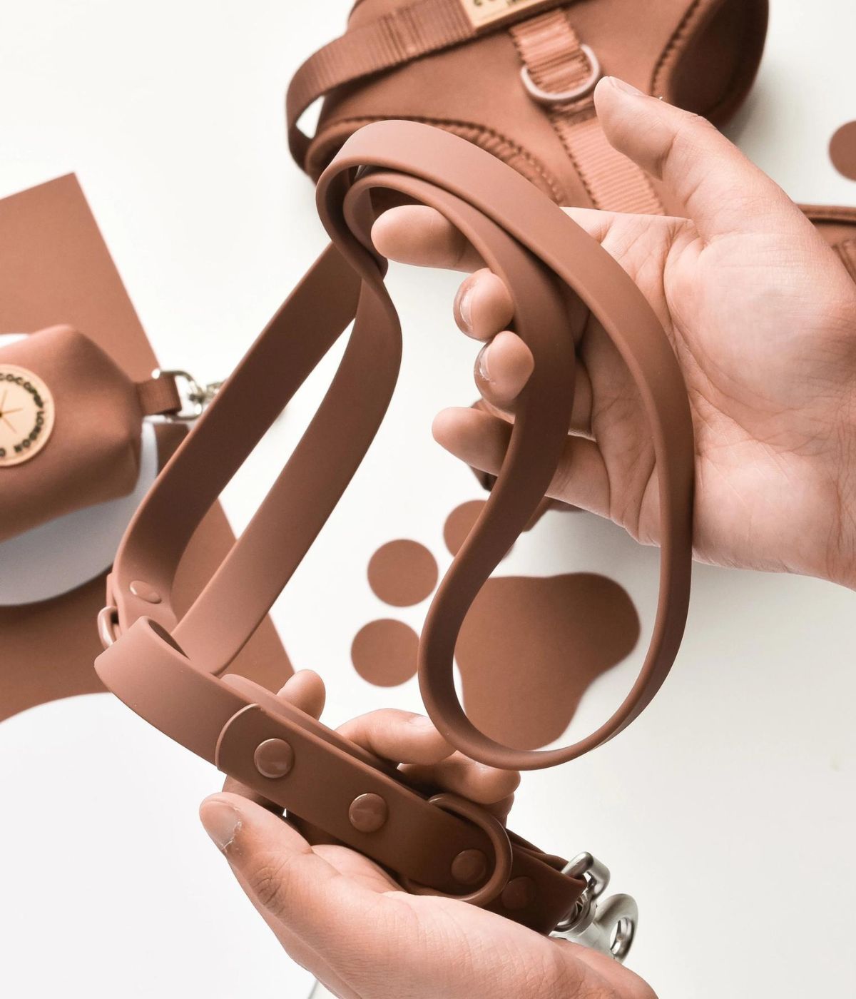 Primo piano guinzaglio per cani color biscotto. Sullo sfondo pettorina e porta sacchetti