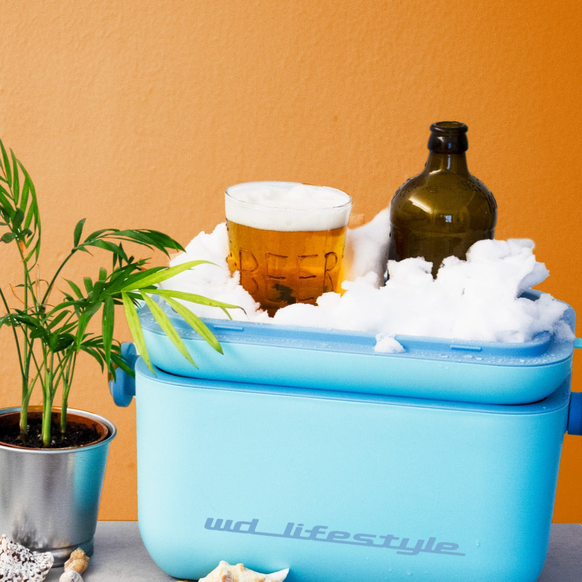 Bicchiere beer con bottiglia inserite in frigo azzurro. Dietro parete arancione con pianta.