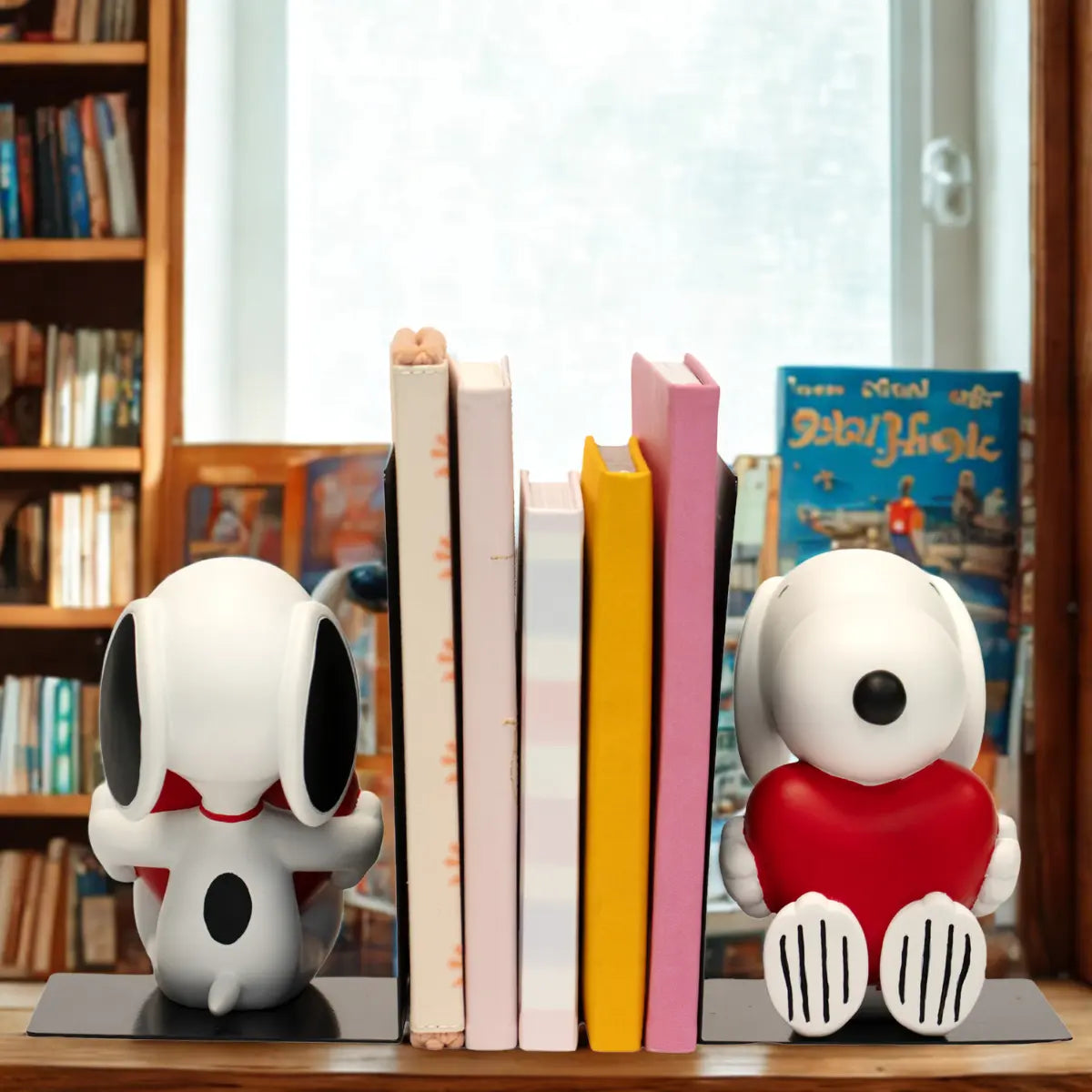 Ferma libro snoopy bianco con cuore appoggiato su mensola libreria, sfondo finestra e libri