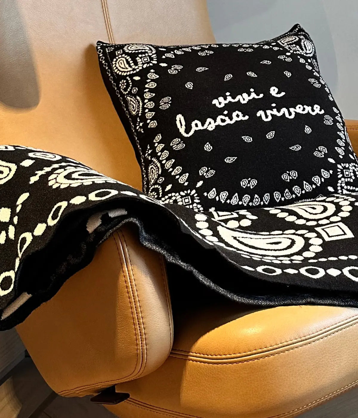 Poltrona marrone in pelle con sopra coperta e cuscino neri abbinati. Scritta vivi e lascia vivere