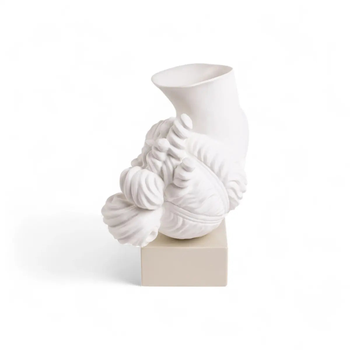 Vaso in porcellana bianca a forma di testa di donna in stile classico capovolta e appoggiata su una base