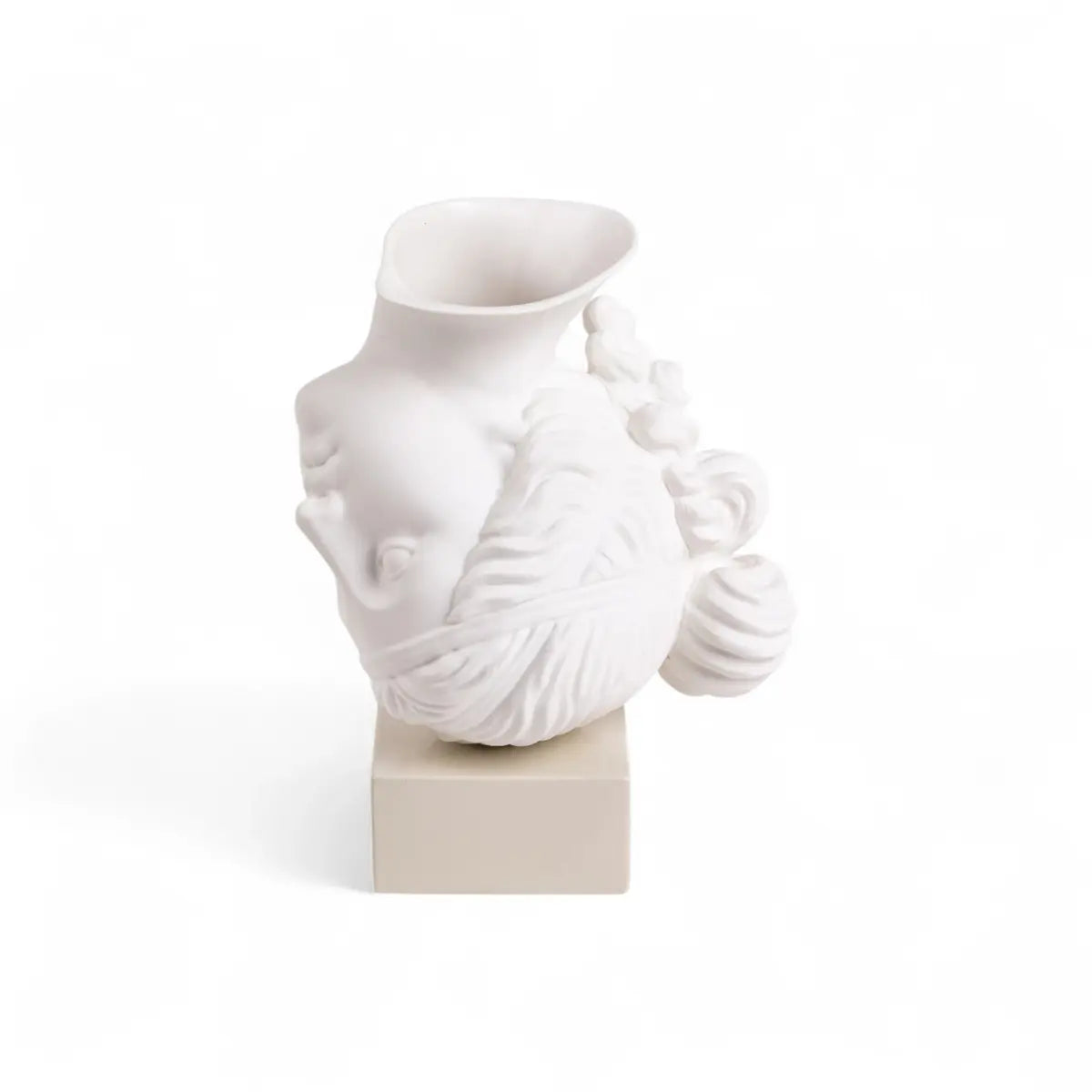 Vaso in porcellana bianca a forma di testa di donna in stile classico capovolta e appoggiata su una base