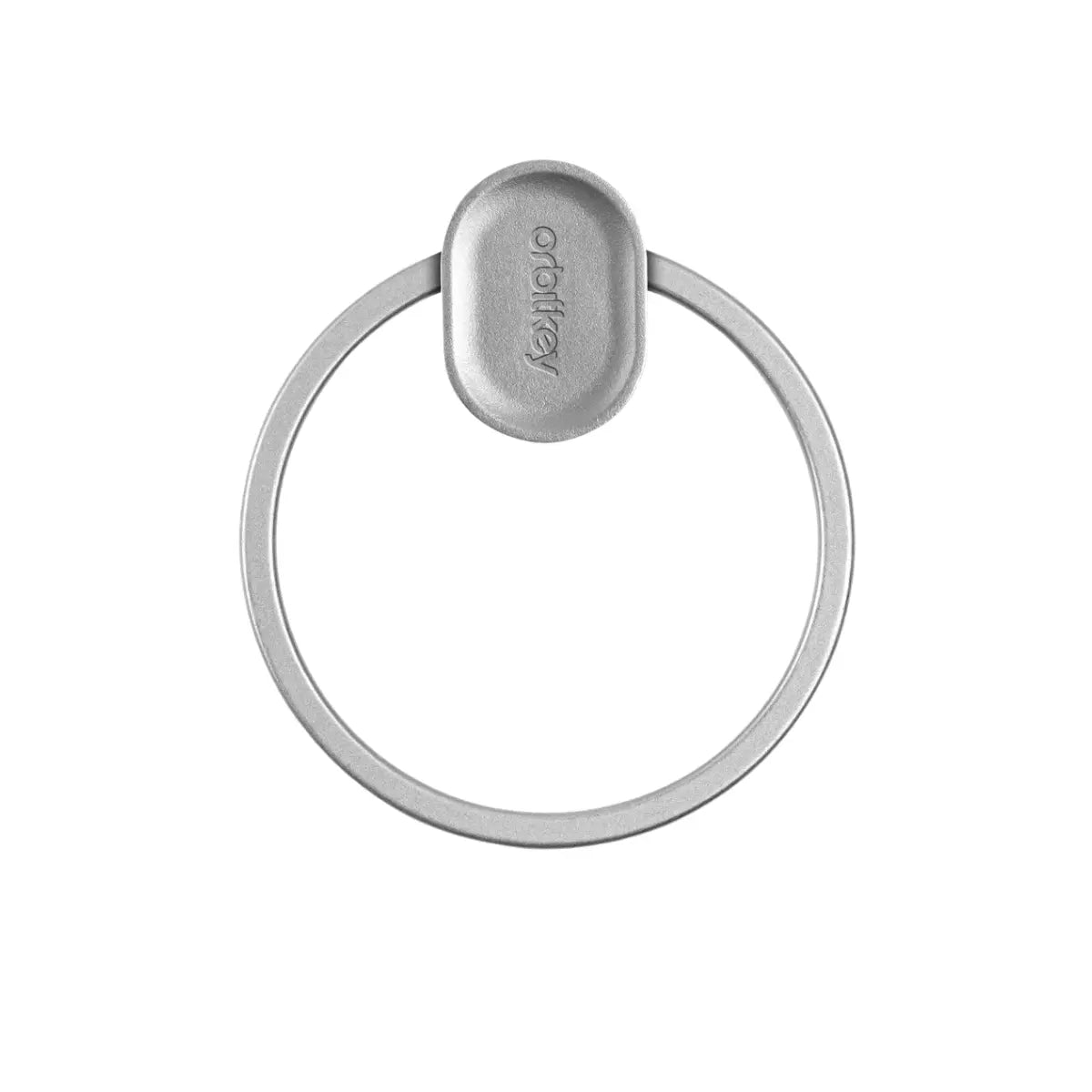 Anello in acciaio inox con meccanismo di sgancio rapito. Sul meccanismo inciso il logo Orbitkey. Sfondo bianco 