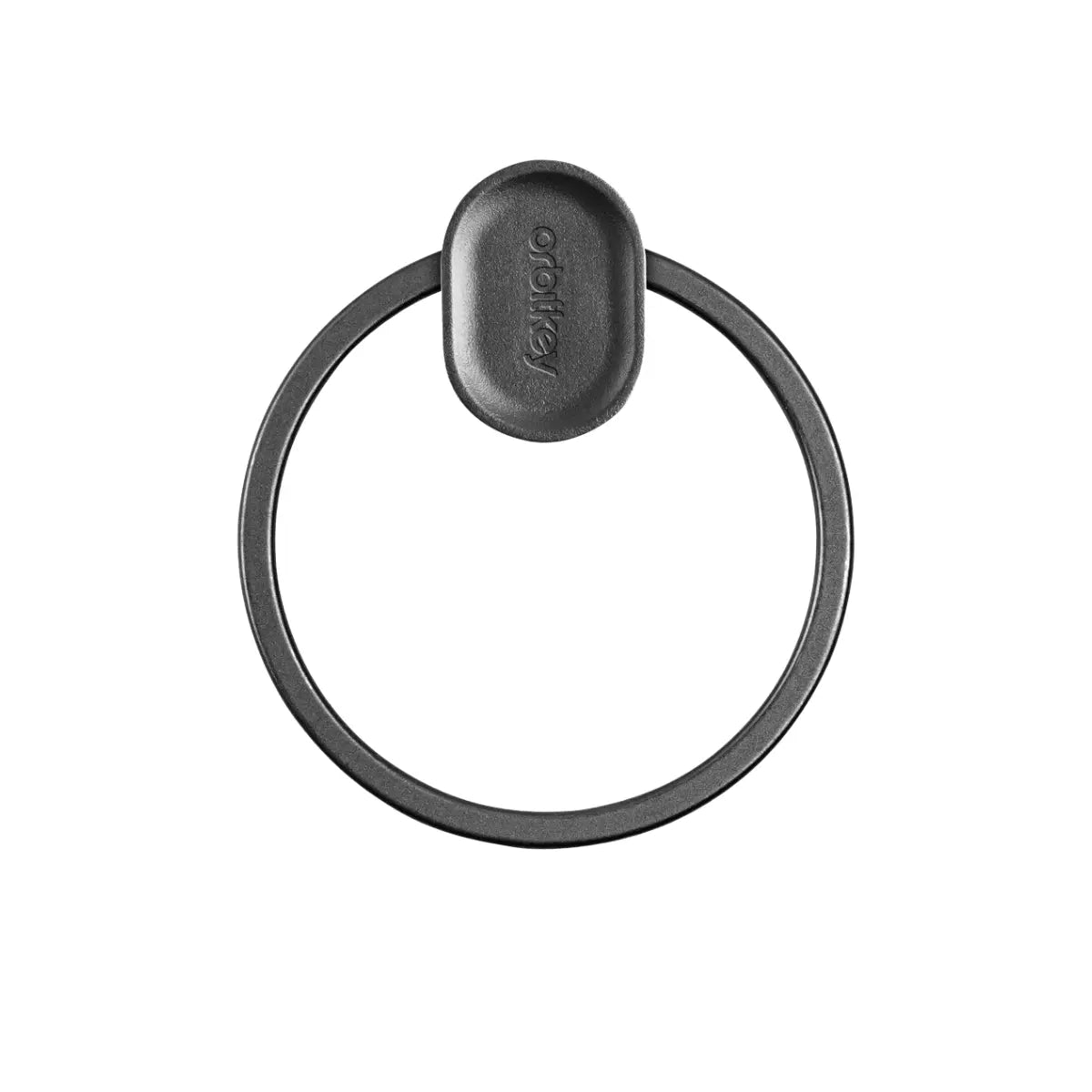 Anello in acciaio inox rivestito di nero con meccanismo di sgancio rapito. Sul meccanismo inciso il logo Orbitkey. Sfondo bianco 
