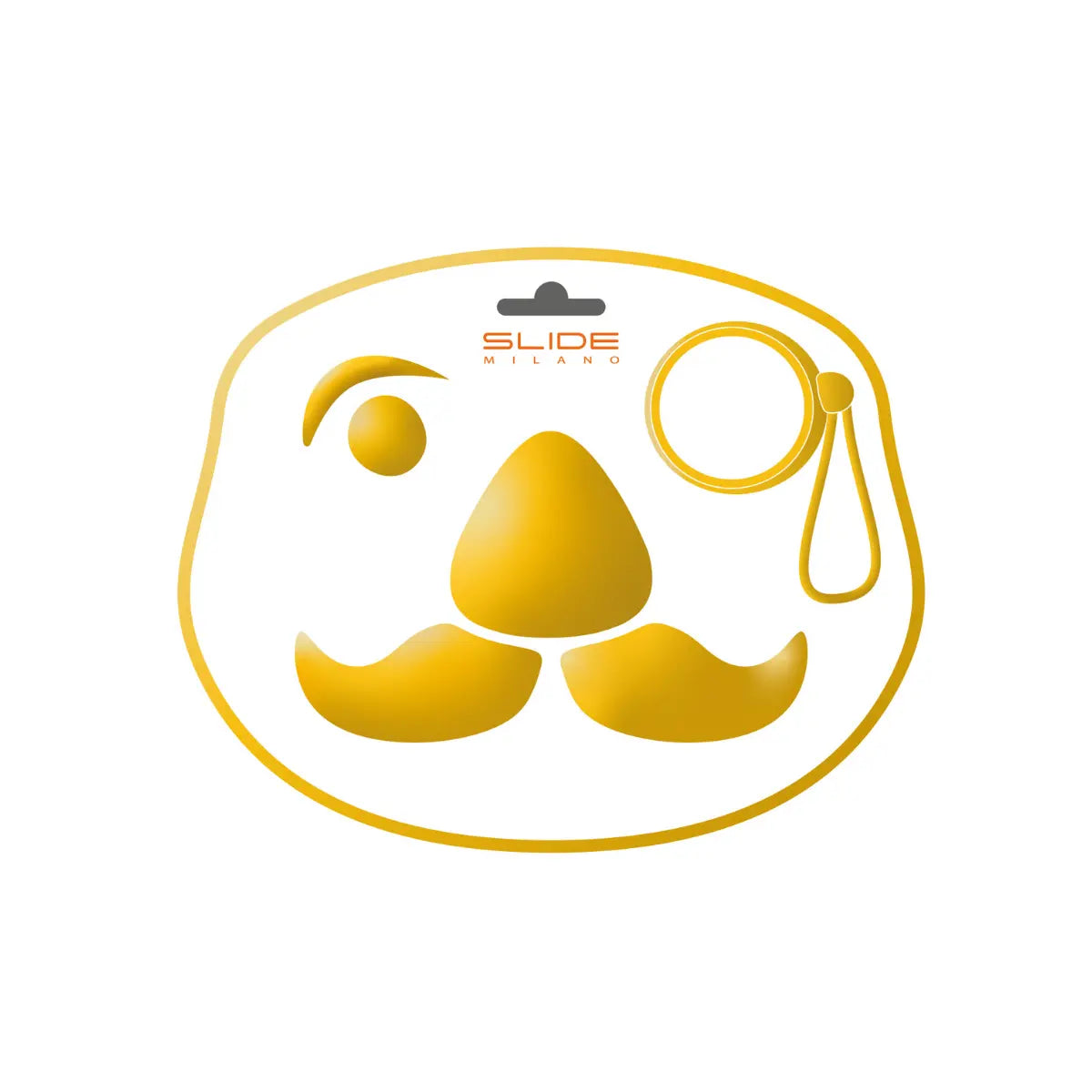 Confezione dell'appendiabiti baffo giallo di Slide. La confezione rappresenta il volto di un uomo. Sfondo bianco