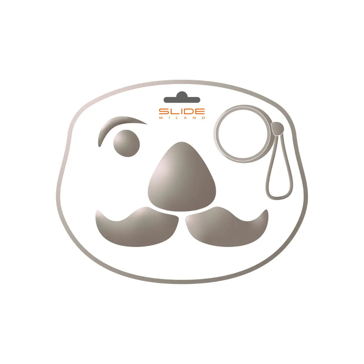 Confezione dell'appendiabiti baffo grigio di Slide. La confezione rappresenta il volto di un uomo. Sfondo bianco