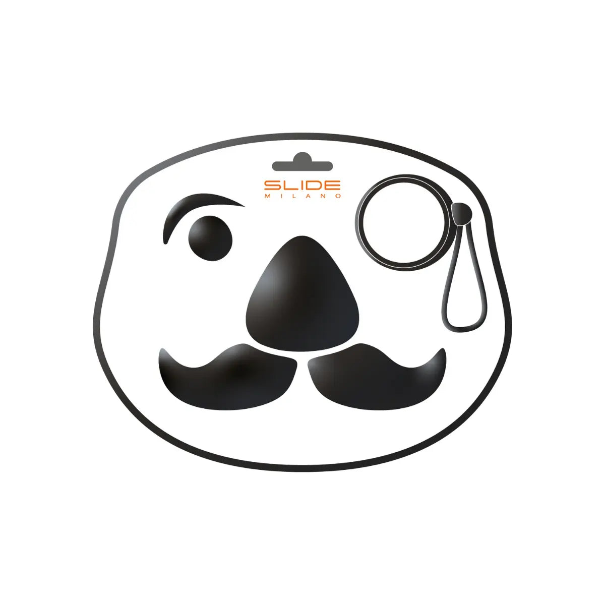 Confezione dell'appendiabiti baffo nero di Slide. La confezione rappresenta il volto di un uomo. Sfondo bianco