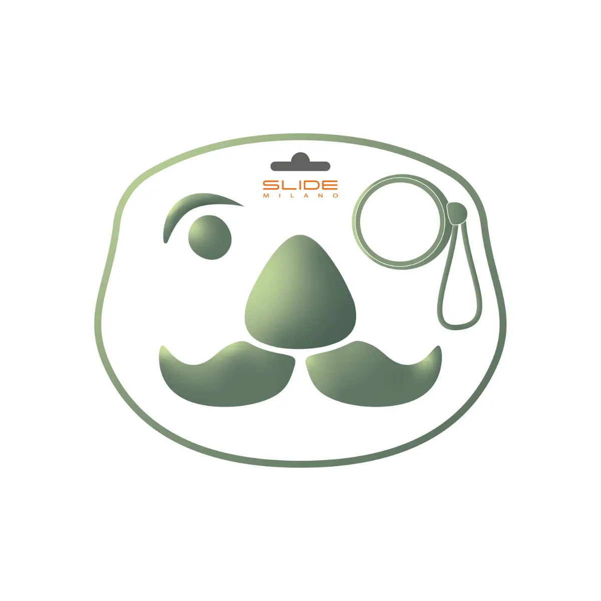 Confezione dell'appendiabiti baffo verde salvia di Slide. La confezione rappresenta il volto di un uomo. Sfondo bianco