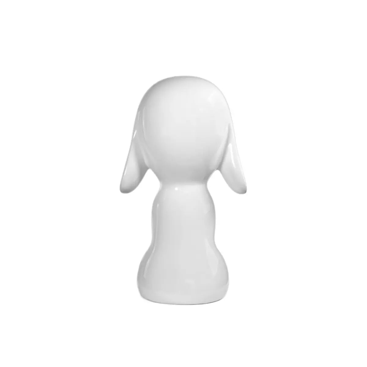 Statua decorativa a forma di cagnolino bianca lucida vista da dietro 