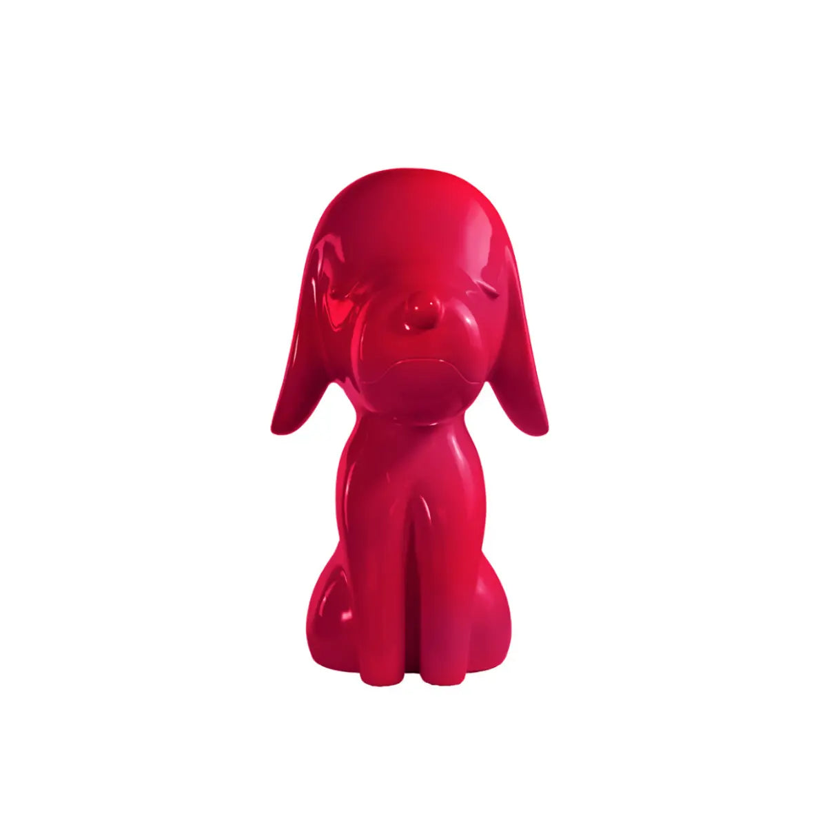 Statua decorativa a forma di cagnolino fuxia lucida vista frontale 