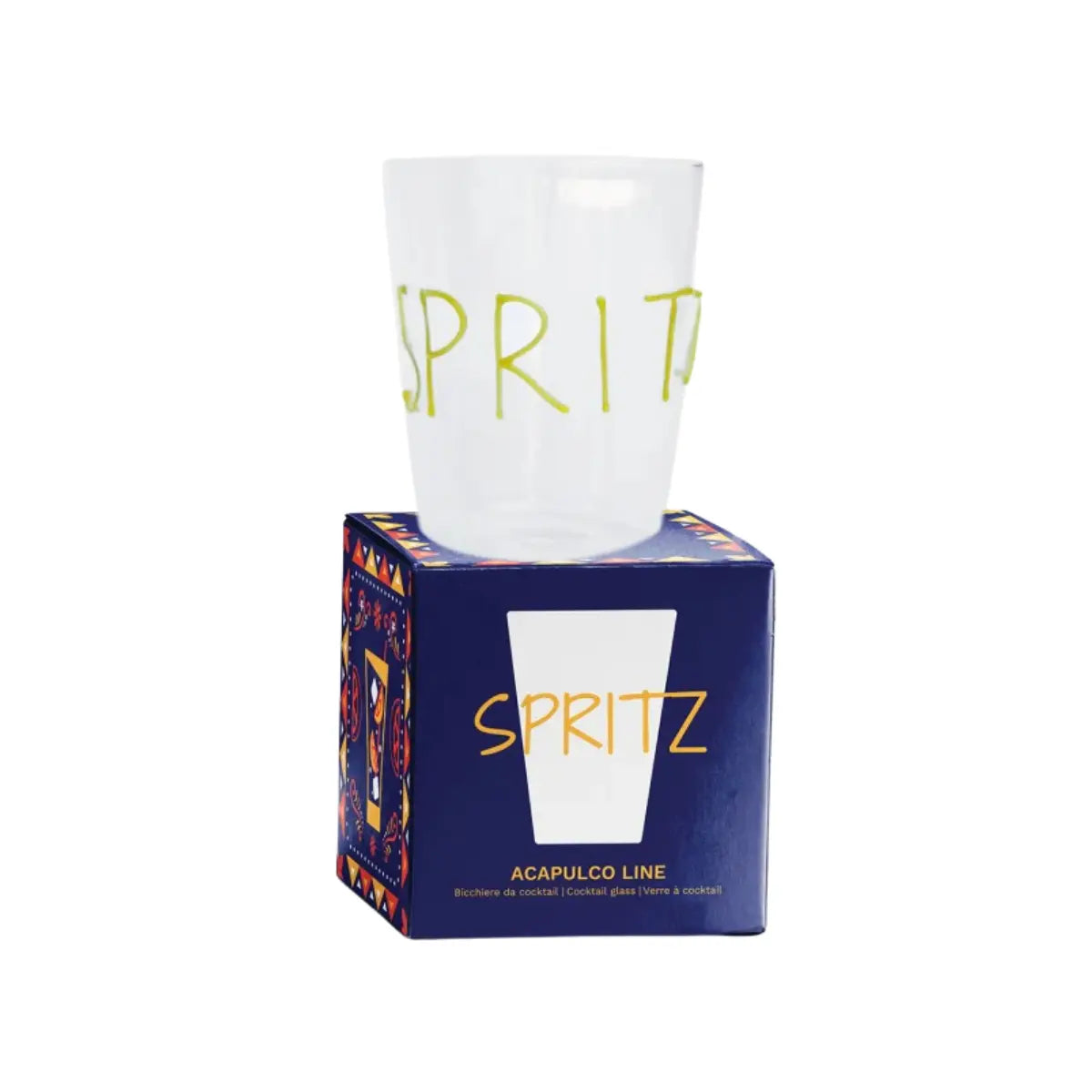 Confezione di cartone blu e sopra bicchiere di vetro trasparente con scritta gialla in rilievo "Spritz". Sfondo bianco