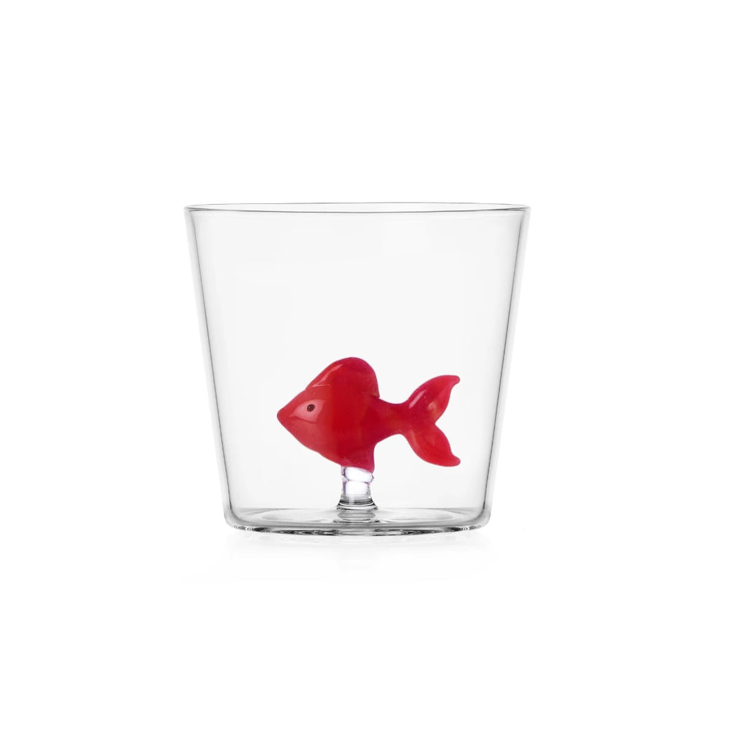 Un bicchiere in vetro trasparente con pesce rosso sospeso. Immagine su sfondo bianco