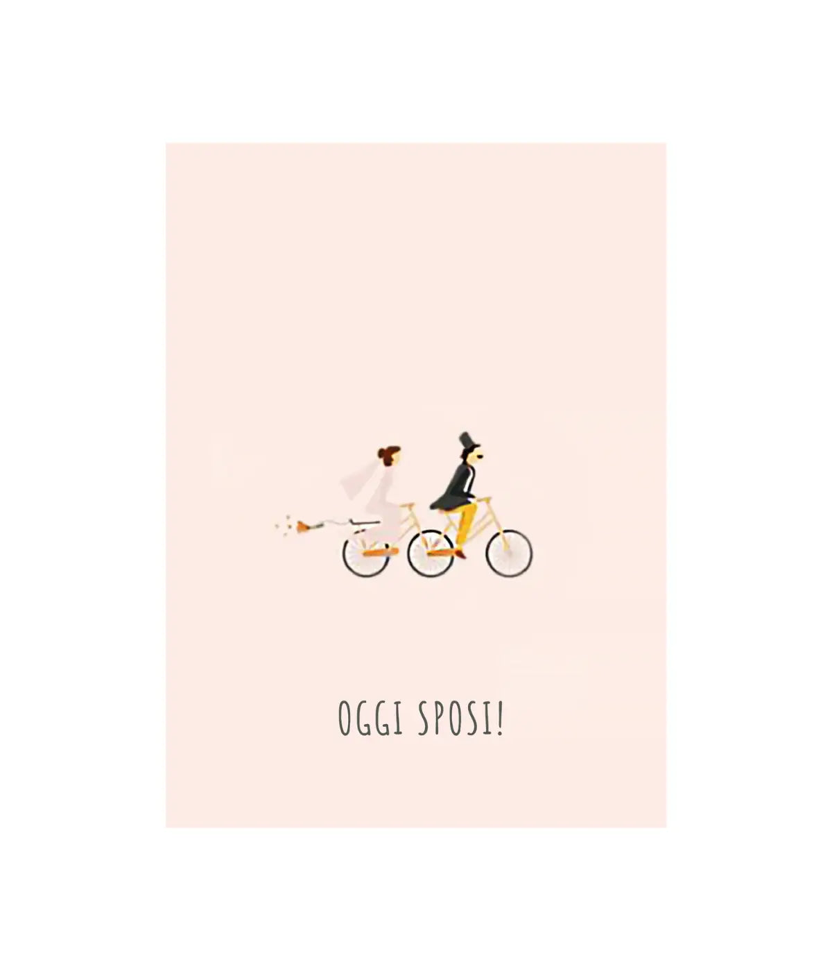 Un biglietto rosa con sposa e sposa in tandem e scritta oggi sposi. Immagine su sfondo bianco