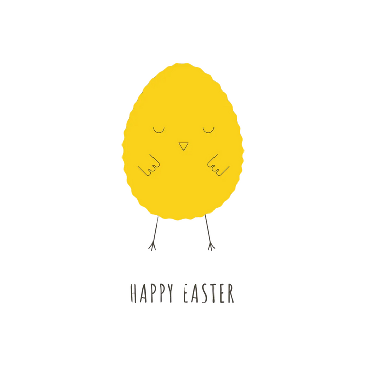 Pulcino giallo a forma di uovo con scritta Happy Easter nera. Sfondo bianco