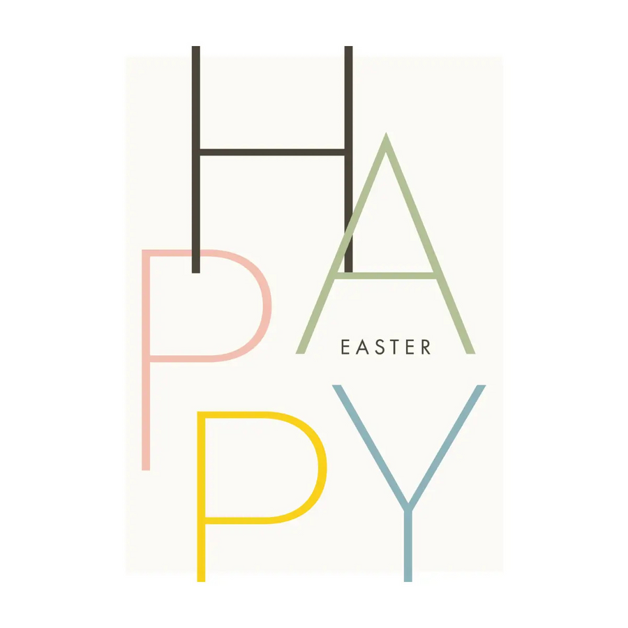 Scritta scomposta Happy Easter con lettere colorate. Sfondo bianco