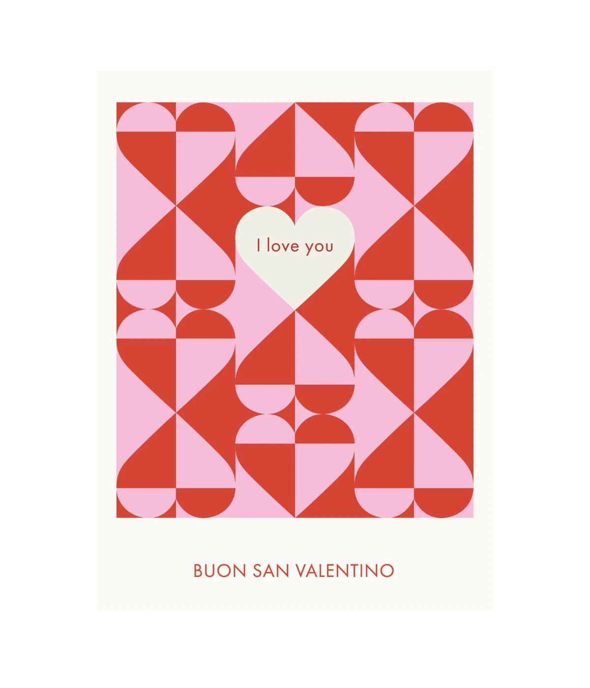 Biglietto San Valentino cuori rosa e rossi. Al centro cuore bianco con scritta I love you rossa. 