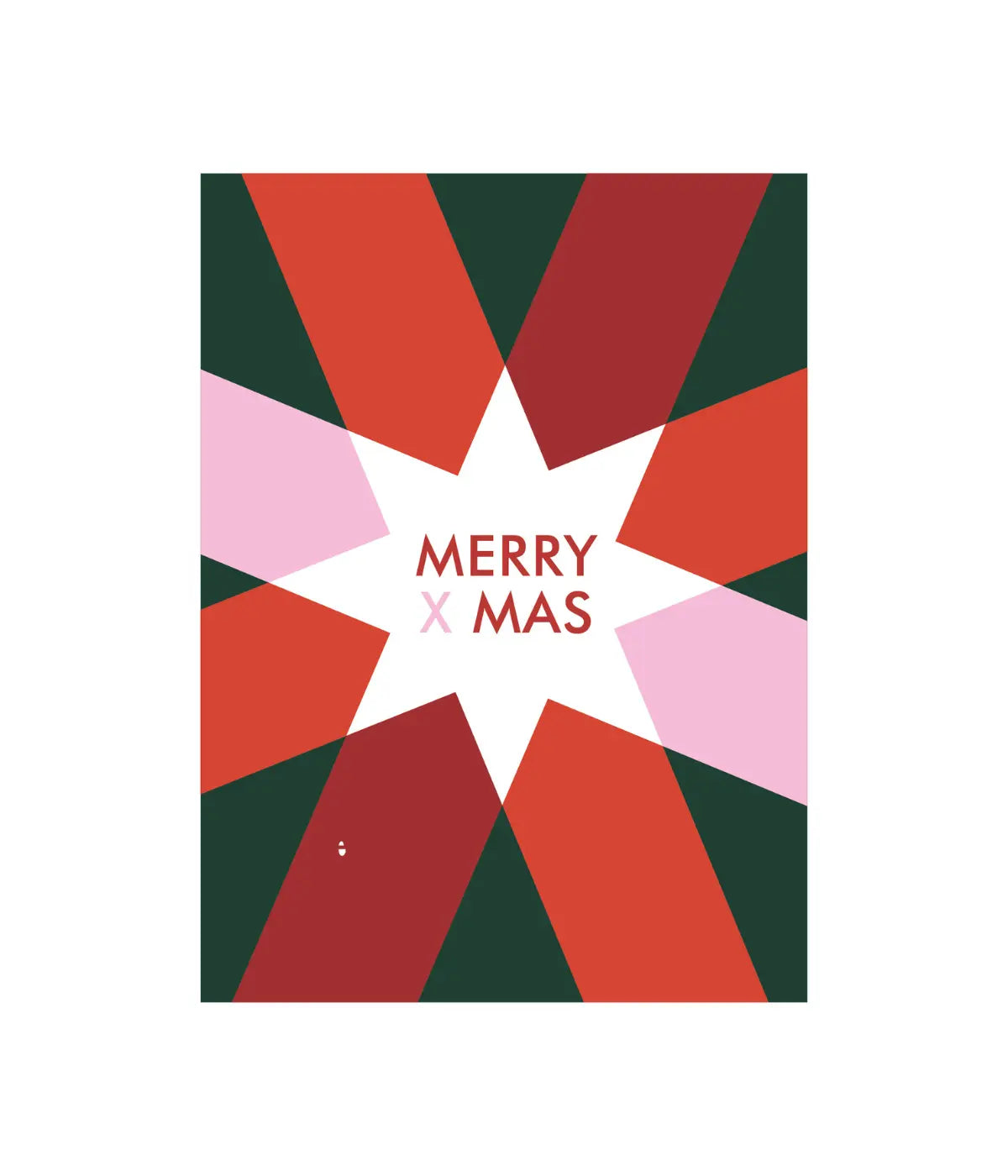 Biglietto base scura con scritta Merry x mas dentro a stella con fasce colorate. Sfondo bianco