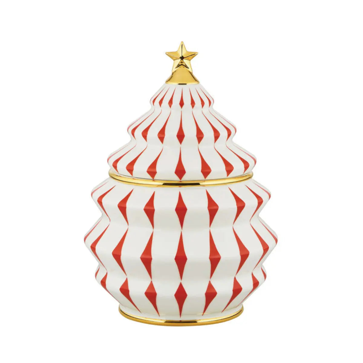 Biscottiera natalizia di Alessi ispirata alla forma dell'albero di natale con colori bianco, rosso e oro