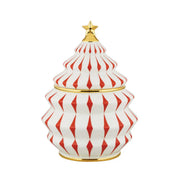 Biscottiera natalizia di Alessi ispirata alla forma dell'albero di natale con colori bianco, rosso e oro
