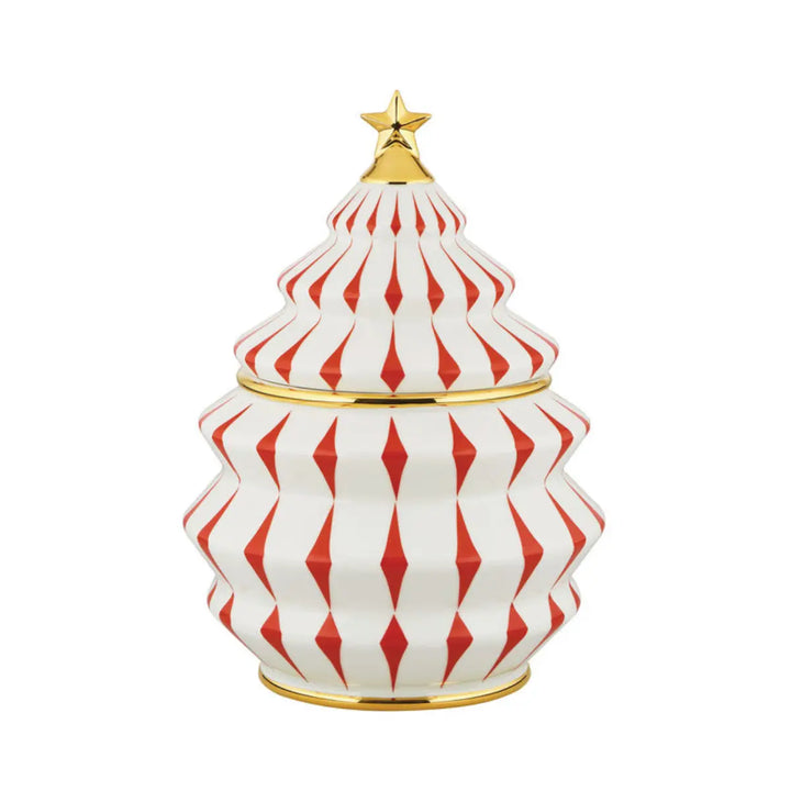 Biscottiera natalizia di Alessi ispirata alla forma dell'albero di natale con colori bianco, rosso e oro