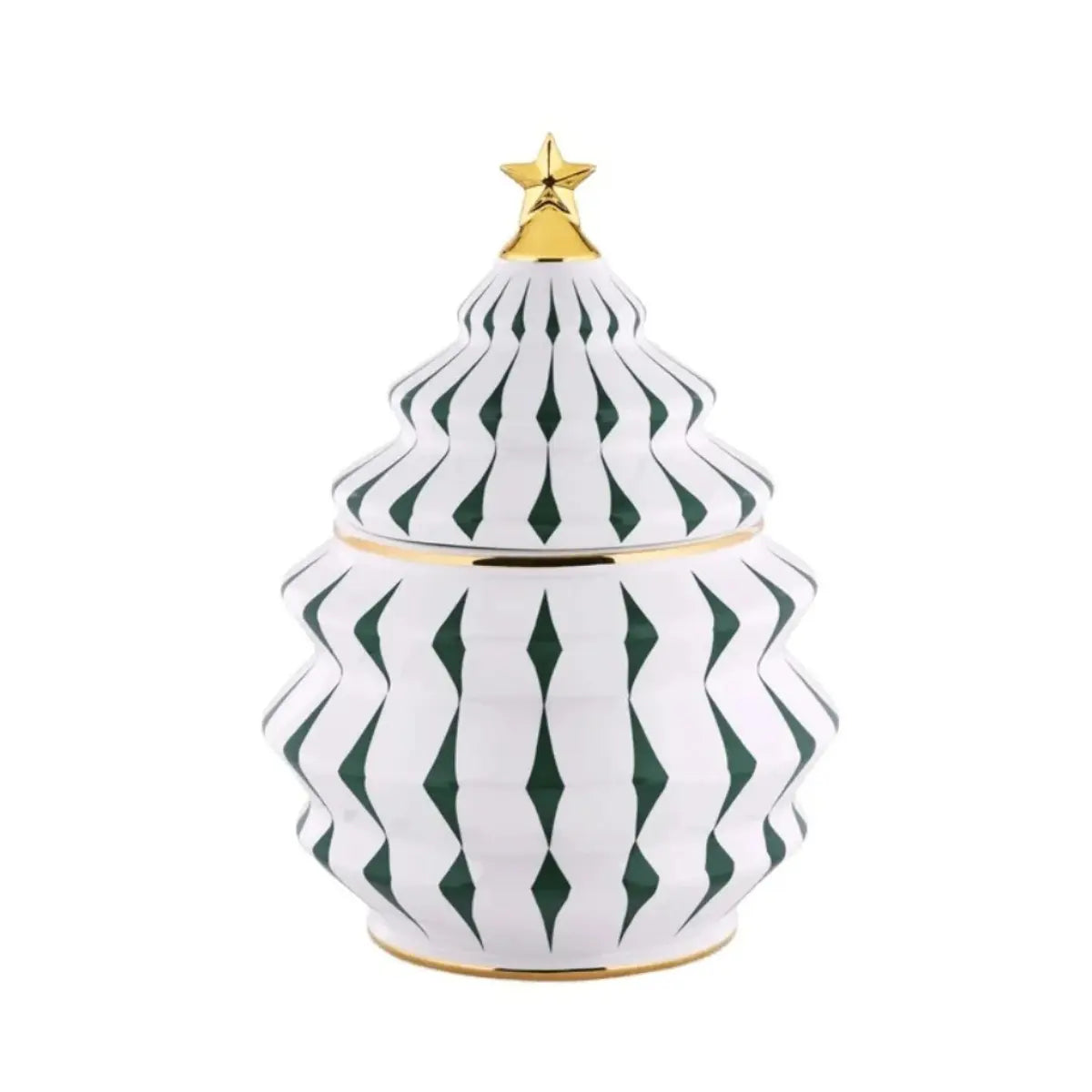 Biscottiera natalizia di Alessi ispirata alla forma dell'albero di natale con colori bianco, verde e oro