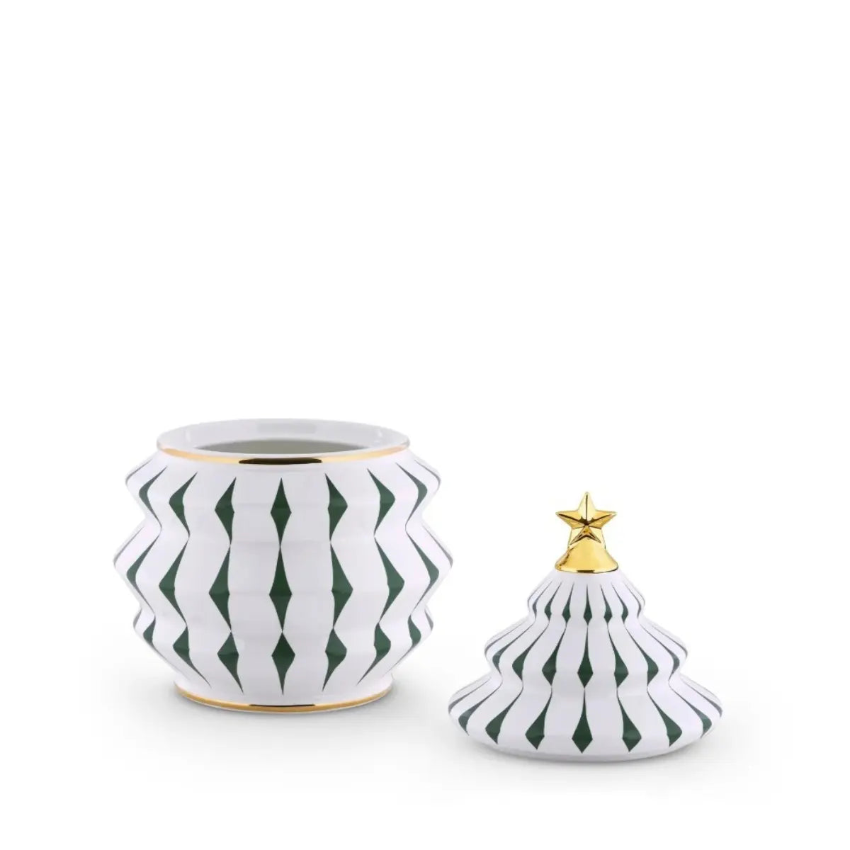 Biscottiera natalizia di Alessi ispirata alla forma dell'albero di natale con colori bianco, verde e oro