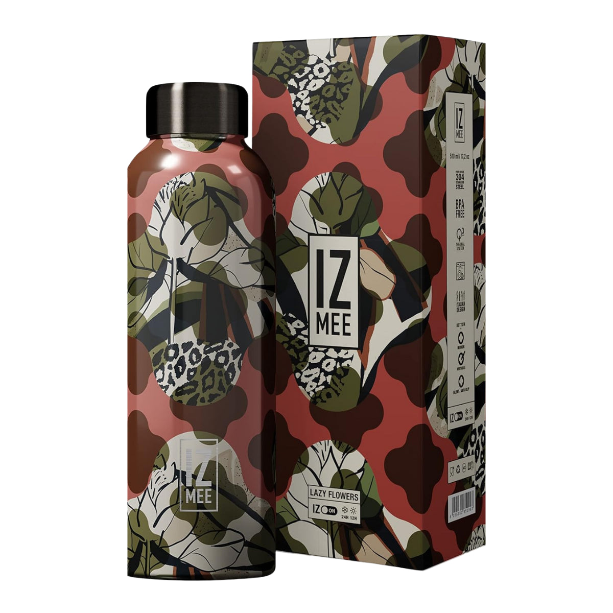 Borraccia grafica alberi e macchie marroni. Confezione abbinata. Sfondo bianco