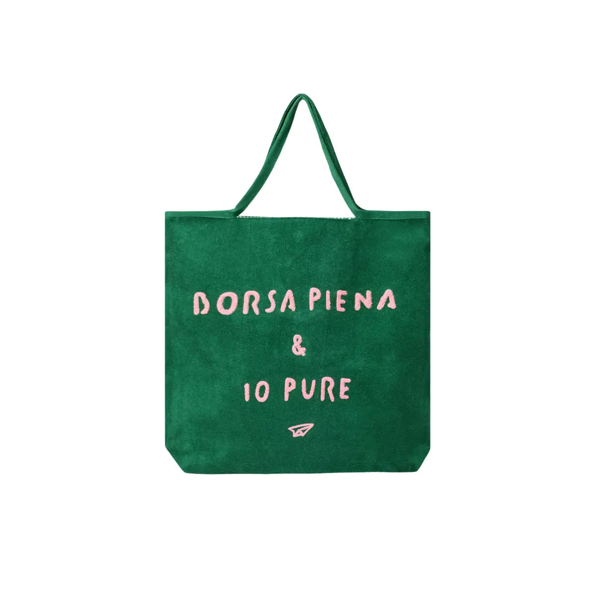Borsa mare in spugna verde con scritta rosa "Borsa piena e io pure". Sfondo bianco