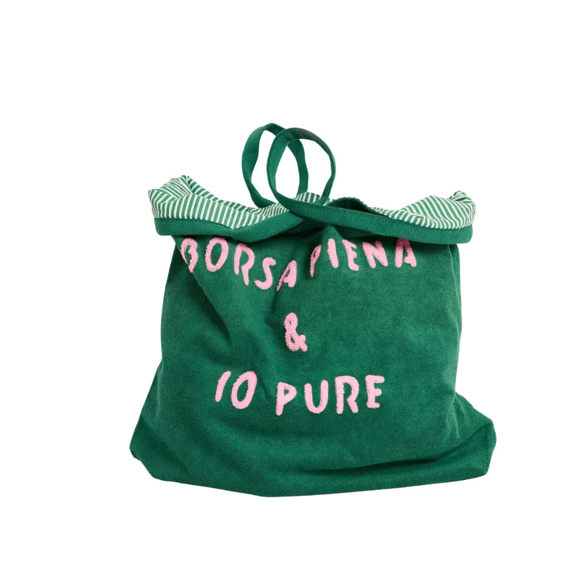 Borsa verde in spugna con scritta rosa. Dettagli dell'interno in stoffa a righe bianche e verdi. Sfondo bianco 