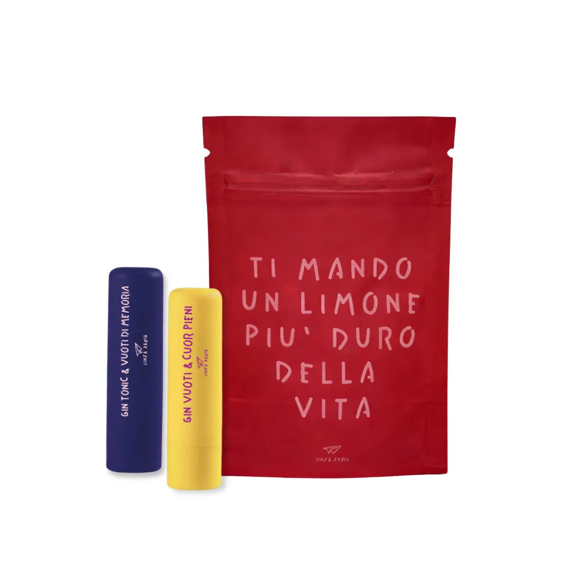 Box San Valentino con stampa "Ti mando un limone più duro della vita" contenente due burrocacao con scritte