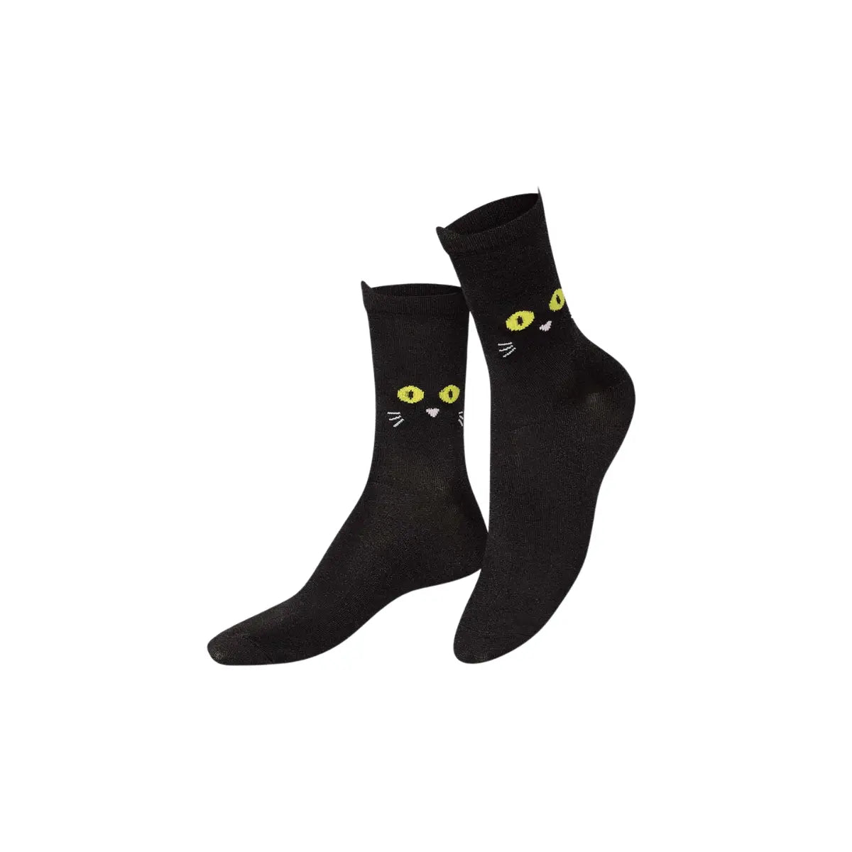 Esempio di calzini che trovi dentro la scatola. Totalmente neri con due occhi gialli fluorescenti e baffi bianchi