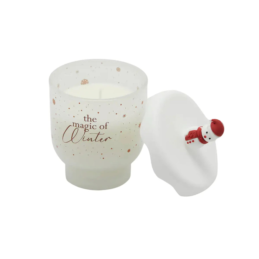 Candela natalizia bianca con coperchio con pupazzo di neve con cuffia e sciarpa rossa