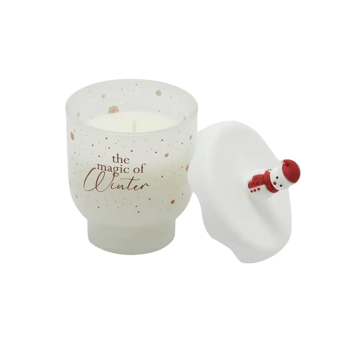 Candela natalizia bianca con coperchio con pupazzo di neve con cuffia e sciarpa rossa