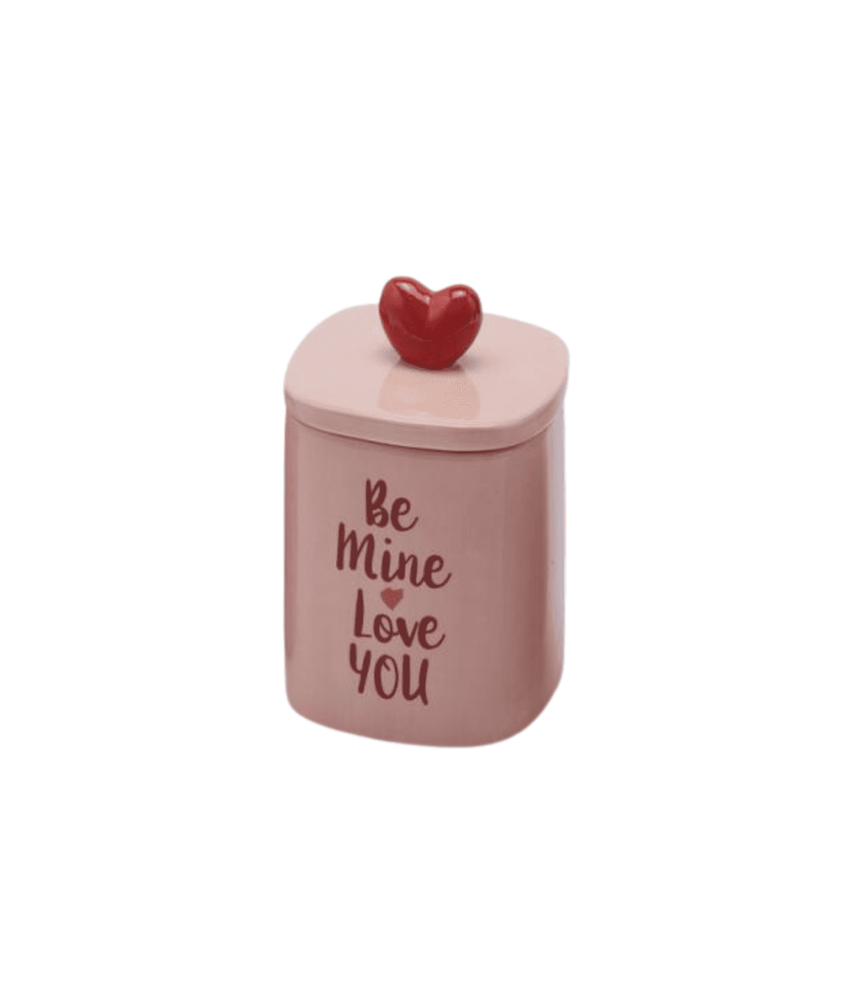 Candela con scritta Be Mine Love You rossa e contenitore in ceramica bianca. Immagine su sfondo bianco. 